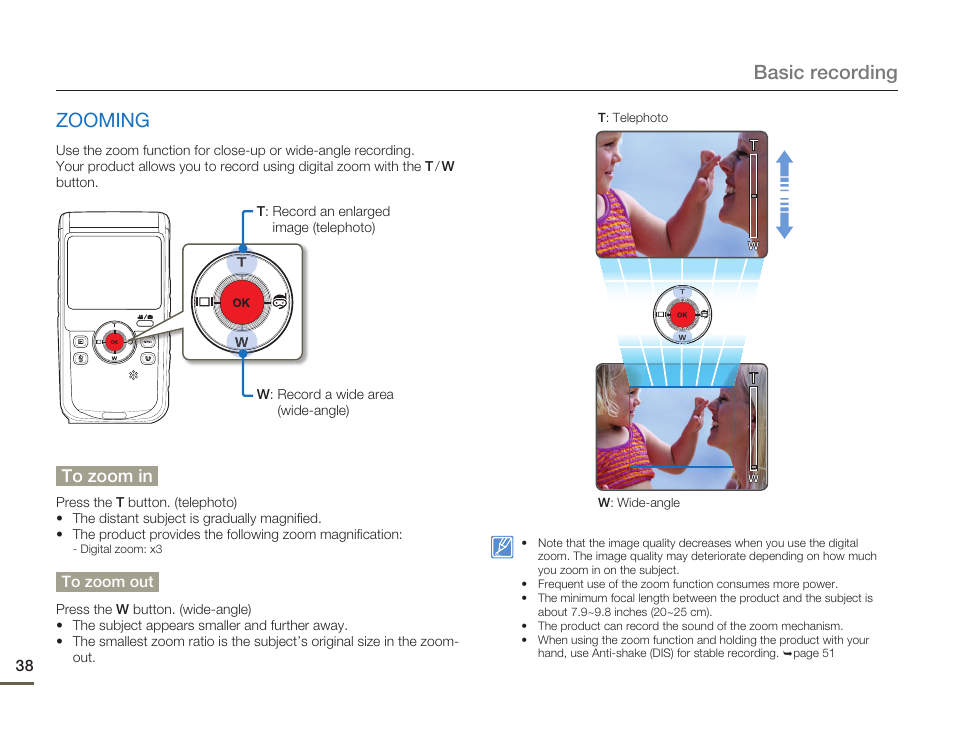 Zooming, Basic recording zooming | Samsung HMX-W200TN-XAA User Manual | Page 44 / 93