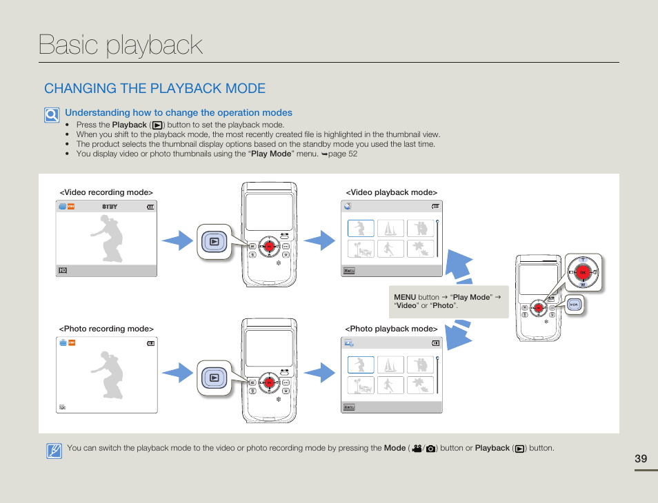 Basic playback, Changing the playback mode | Samsung HMX-W200TN-XAA User Manual | Page 45 / 93