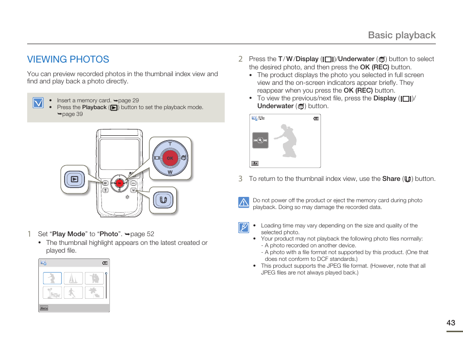 Viewing photos, Basic playback viewing photos | Samsung HMX-W200TN-XAA User Manual | Page 49 / 93