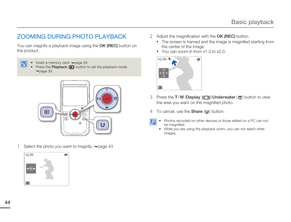 Zooming during photo playback, Basic playback zooming during photo playback | Samsung HMX-W200TN-XAA User Manual | Page 50 / 93