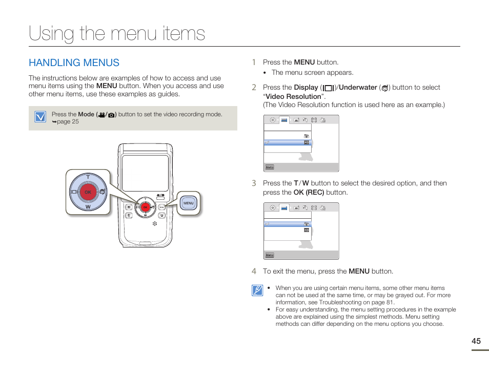 Using the menu items, Handling menus | Samsung HMX-W200TN-XAA User Manual | Page 51 / 93