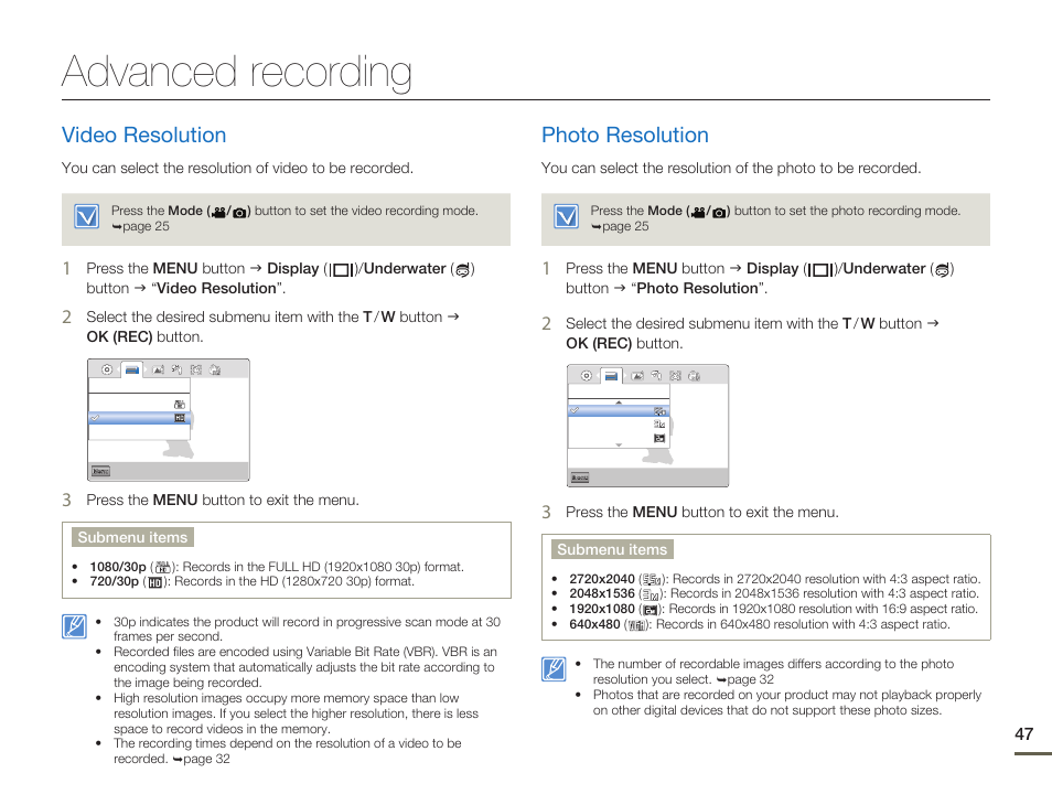 Advanced recording, Video resolution, Photo resolution | Samsung HMX-W200TN-XAA User Manual | Page 53 / 93