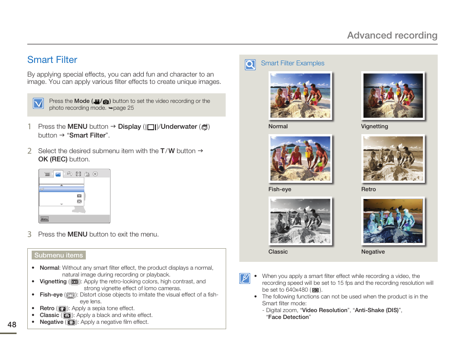 Smart filter, Advanced recording smart filter | Samsung HMX-W200TN-XAA User Manual | Page 54 / 93