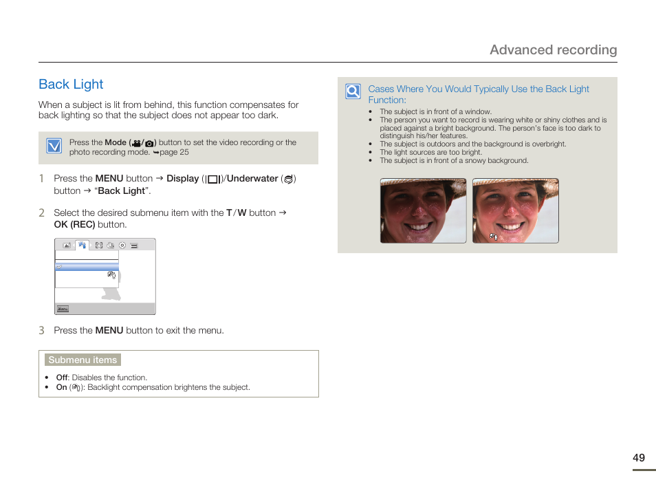 Back light, Advanced recording back light | Samsung HMX-W200TN-XAA User Manual | Page 55 / 93