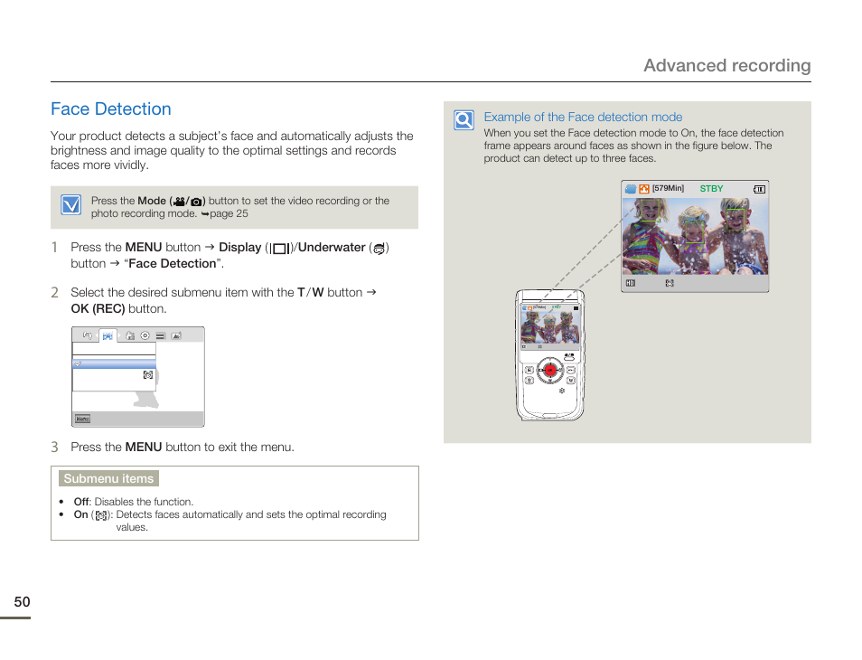 Face detection, Advanced recording face detection | Samsung HMX-W200TN-XAA User Manual | Page 56 / 93