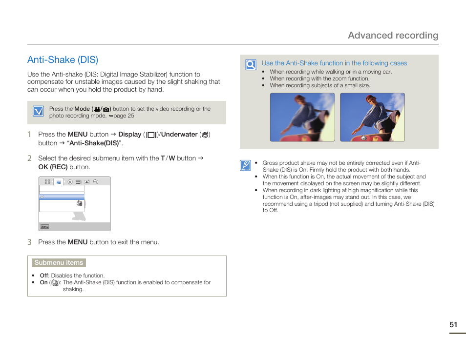 Anti-shake (dis), Advanced recording anti-shake (dis) | Samsung HMX-W200TN-XAA User Manual | Page 57 / 93