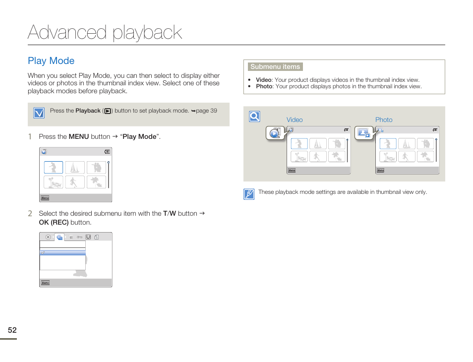 Advanced playback, Play mode | Samsung HMX-W200TN-XAA User Manual | Page 58 / 93