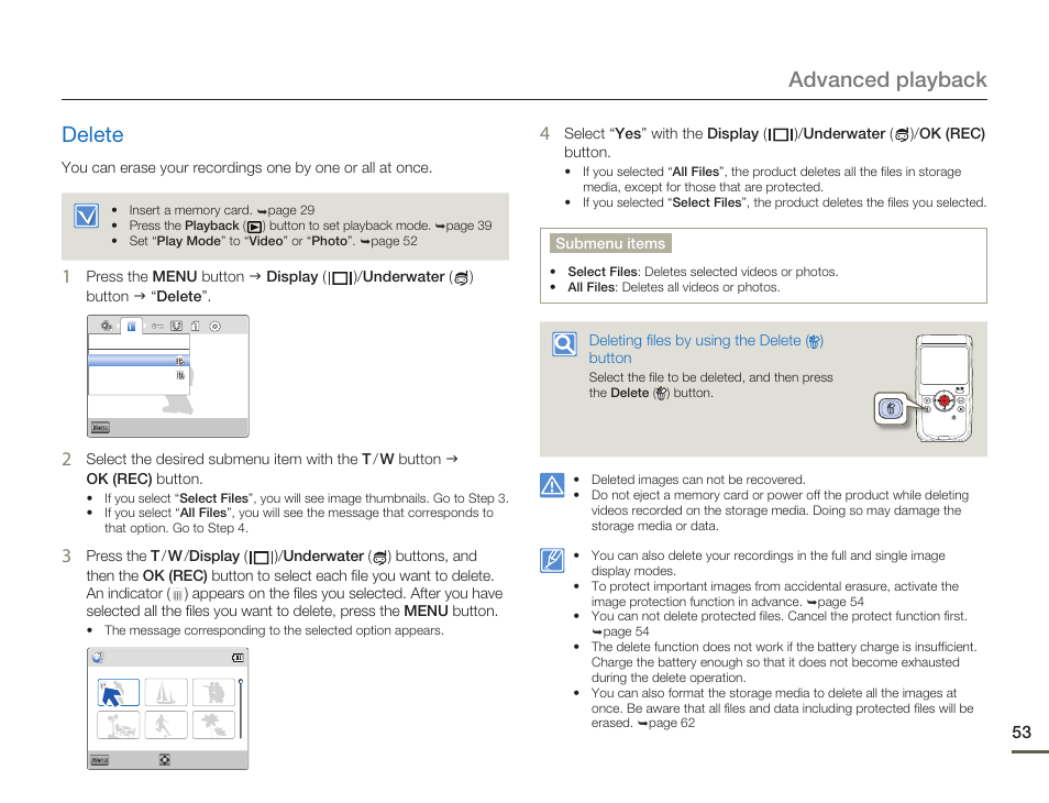 Delete, Advanced playback delete | Samsung HMX-W200TN-XAA User Manual | Page 59 / 93