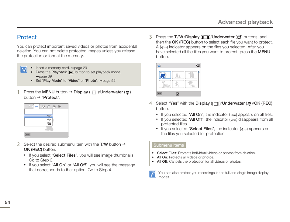 Protect, Advanced playback protect | Samsung HMX-W200TN-XAA User Manual | Page 60 / 93