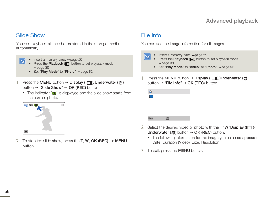 Slide show, File info, Advanced playback slide show | Samsung HMX-W200TN-XAA User Manual | Page 62 / 93