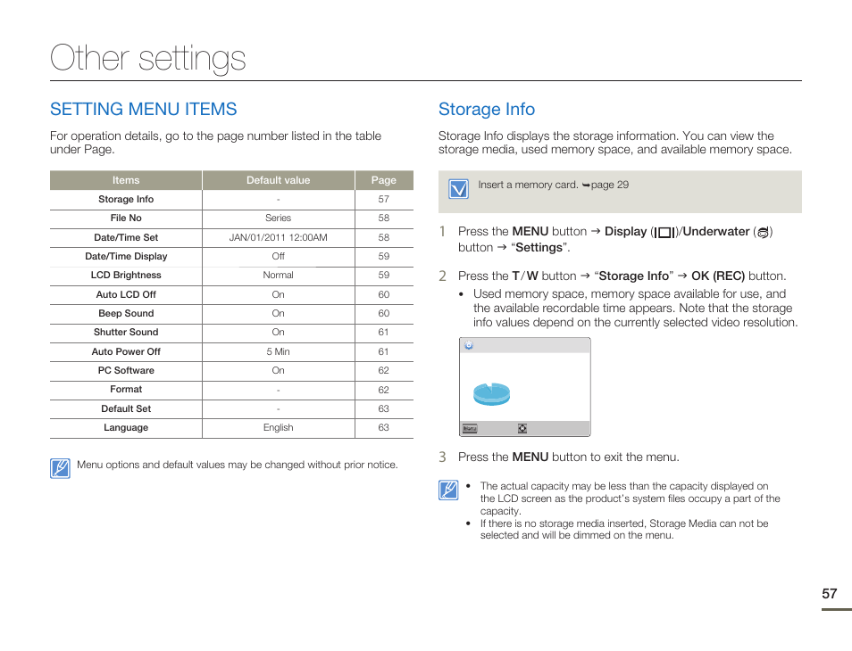 Other settings, Setting menu items, Storage info | Samsung HMX-W200TN-XAA User Manual | Page 63 / 93