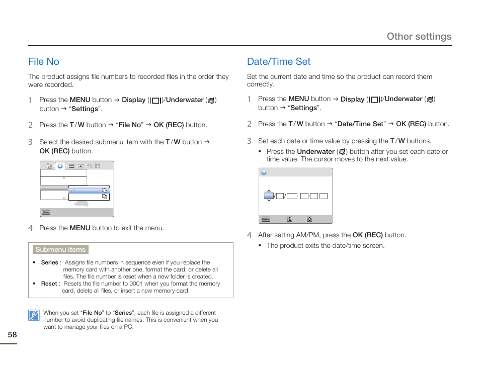 File no, Date/time set, Other settings file no | Samsung HMX-W200TN-XAA User Manual | Page 64 / 93