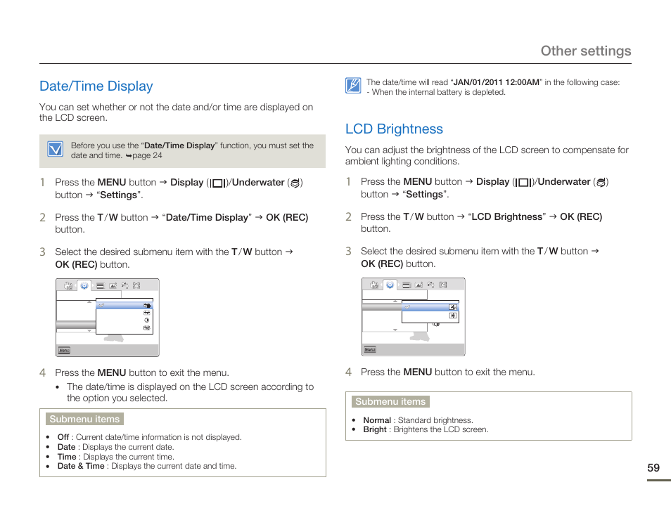 Date/time display, Lcd brightness, Other settings date/time display | Samsung HMX-W200TN-XAA User Manual | Page 65 / 93