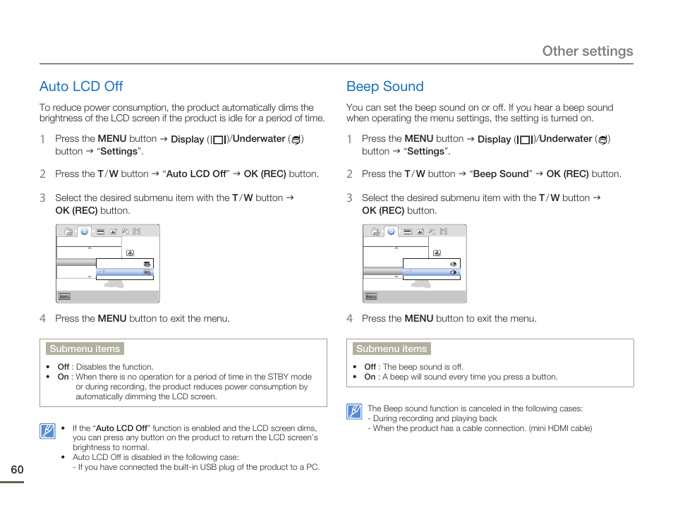 Auto lcd off, Beep sound, Other settings auto lcd off | Samsung HMX-W200TN-XAA User Manual | Page 66 / 93