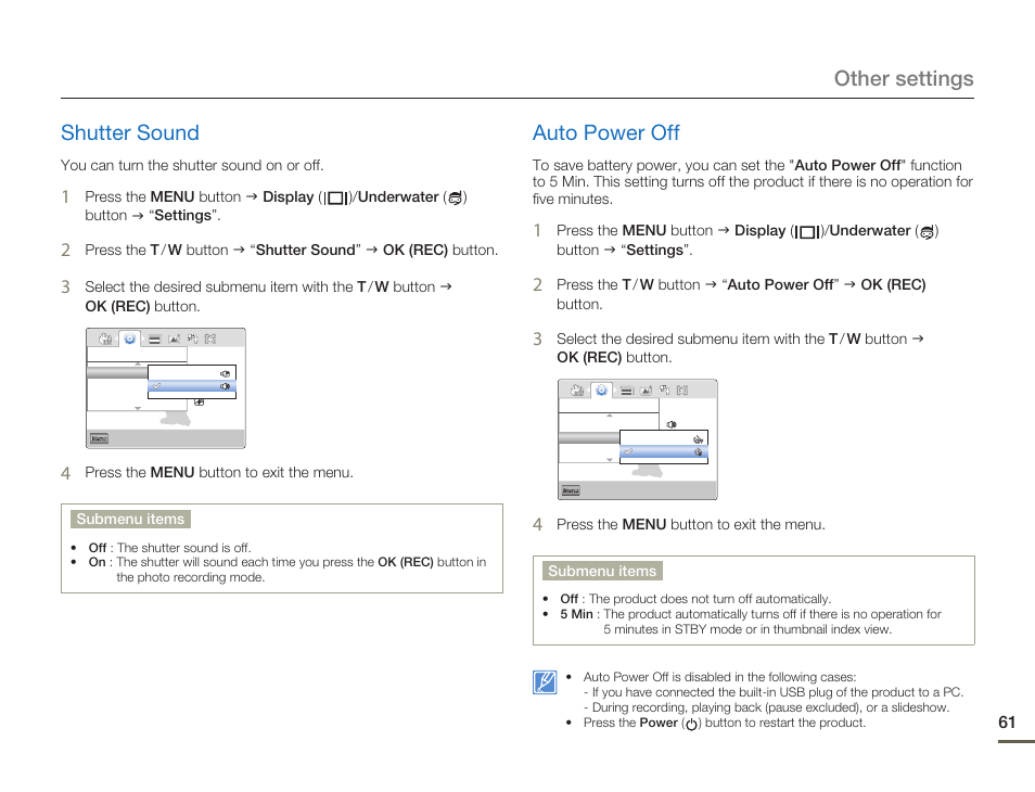 Shutter sound, Auto power off, Other settings shutter sound | Samsung HMX-W200TN-XAA User Manual | Page 67 / 93