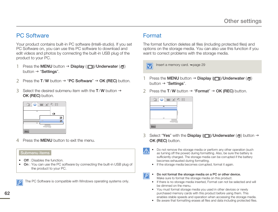 Pc software, Format, Other settings pc software | Samsung HMX-W200TN-XAA User Manual | Page 68 / 93