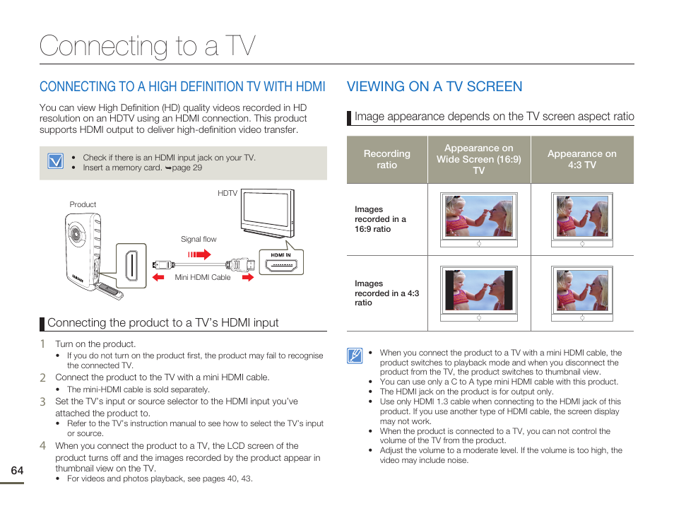 Connecting to a tv, Connecting to a high definition tv with hdmi, Viewing on a tv screen | Samsung HMX-W200TN-XAA User Manual | Page 70 / 93