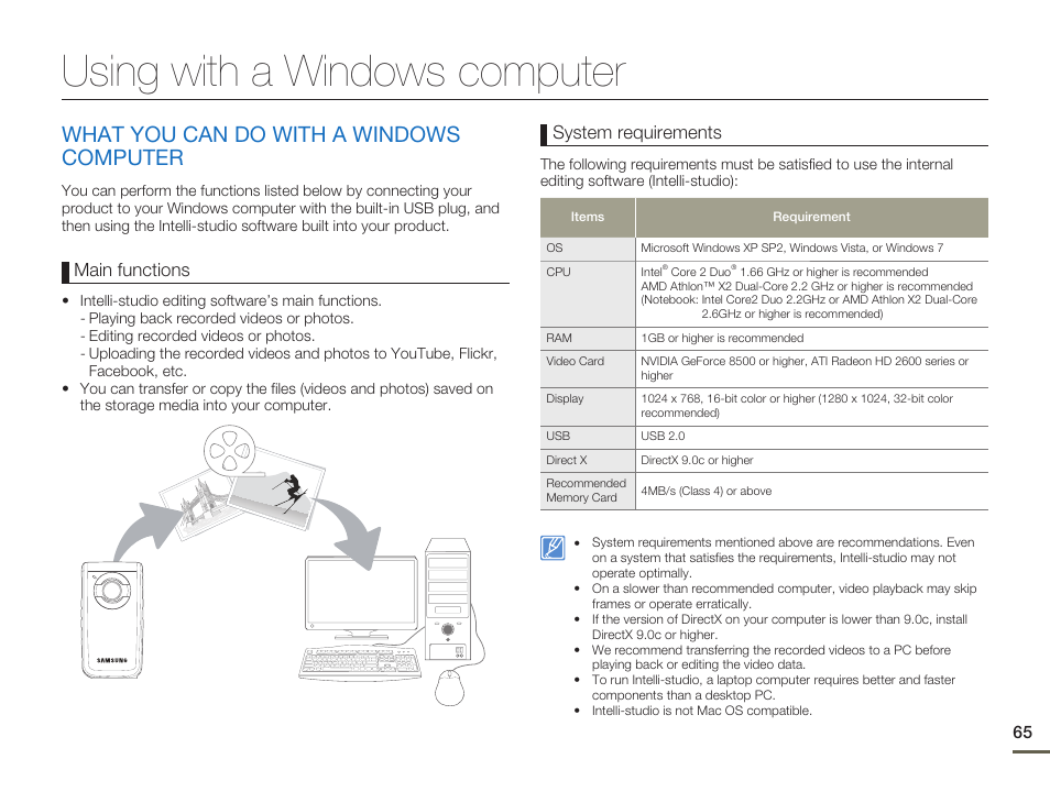 Using with a windows computer, What you can do with a windows computer, Main functions | System requirements | Samsung HMX-W200TN-XAA User Manual | Page 71 / 93