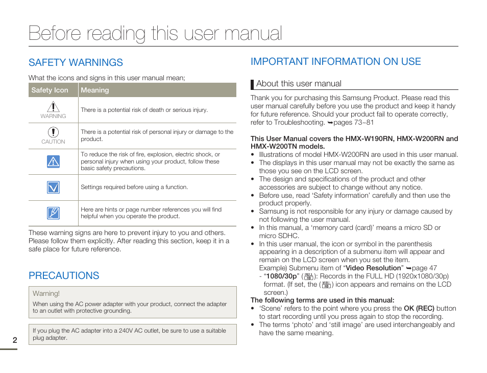 Before reading this user manual, Safety warnings, Precautions | Important information on use | Samsung HMX-W200TN-XAA User Manual | Page 8 / 93