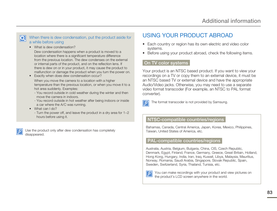 Using your product abroad, Additional information | Samsung HMX-W200TN-XAA User Manual | Page 89 / 93