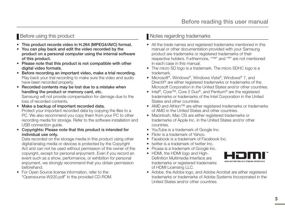 Before reading this user manual | Samsung HMX-W200TN-XAA User Manual | Page 9 / 93