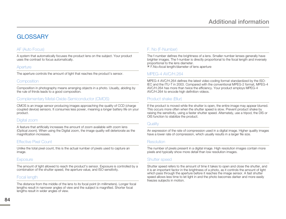 Glossary, Additional information glossary | Samsung HMX-W200TN-XAA User Manual | Page 90 / 93