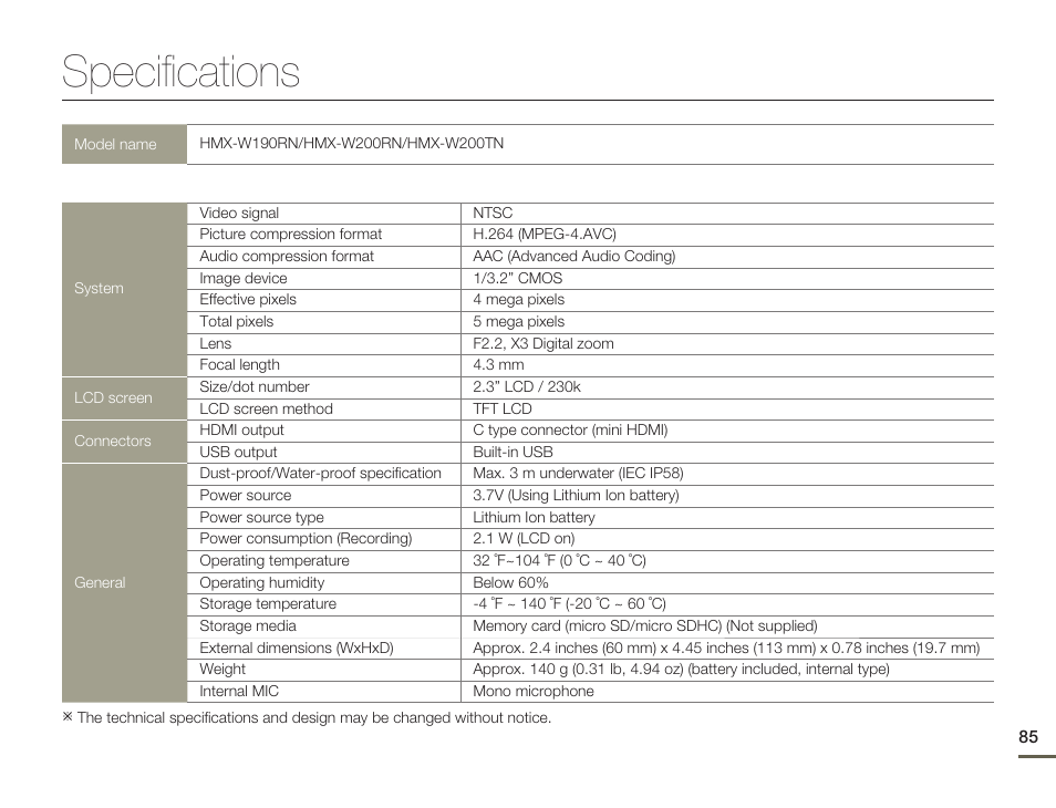 Specifications | Samsung HMX-W200TN-XAA User Manual | Page 91 / 93