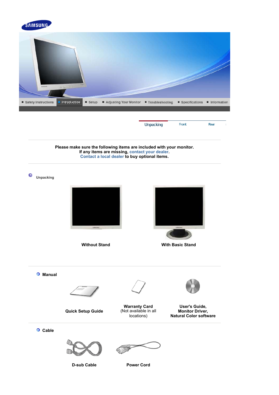 Introduction, Unpacking | Samsung LS17MJVKBJ-XAA User Manual | Page 10 / 42