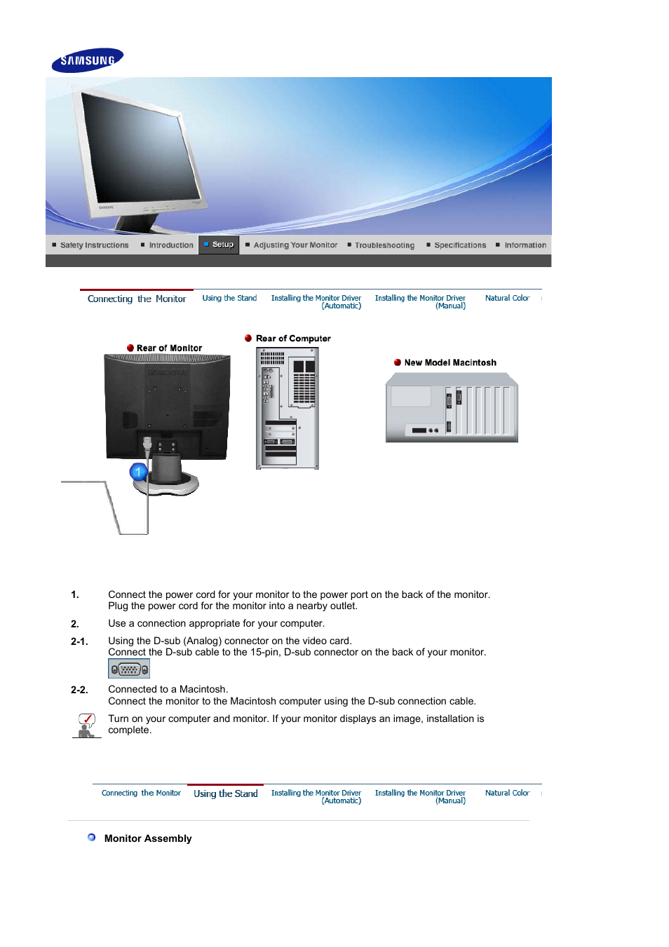 Setup, Connecting the monitor, Using the stand | Samsung LS17MJVKBJ-XAA User Manual | Page 13 / 42