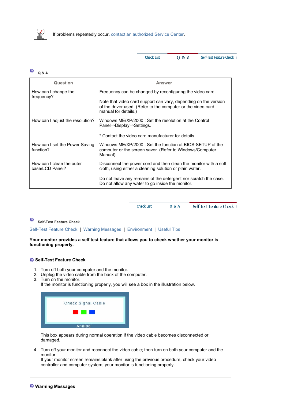Q & a, Self-test feature check, Specifications | Samsung LS17MJVKBJ-XAA User Manual | Page 31 / 42