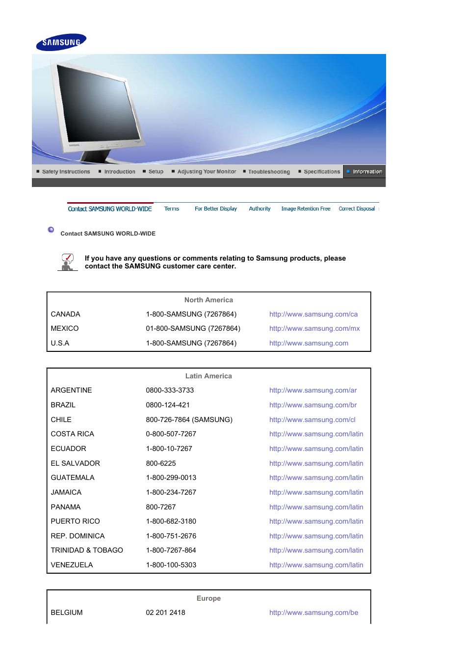 Information, Contact samsung world-wide | Samsung LS17MJVKBJ-XAA User Manual | Page 36 / 42