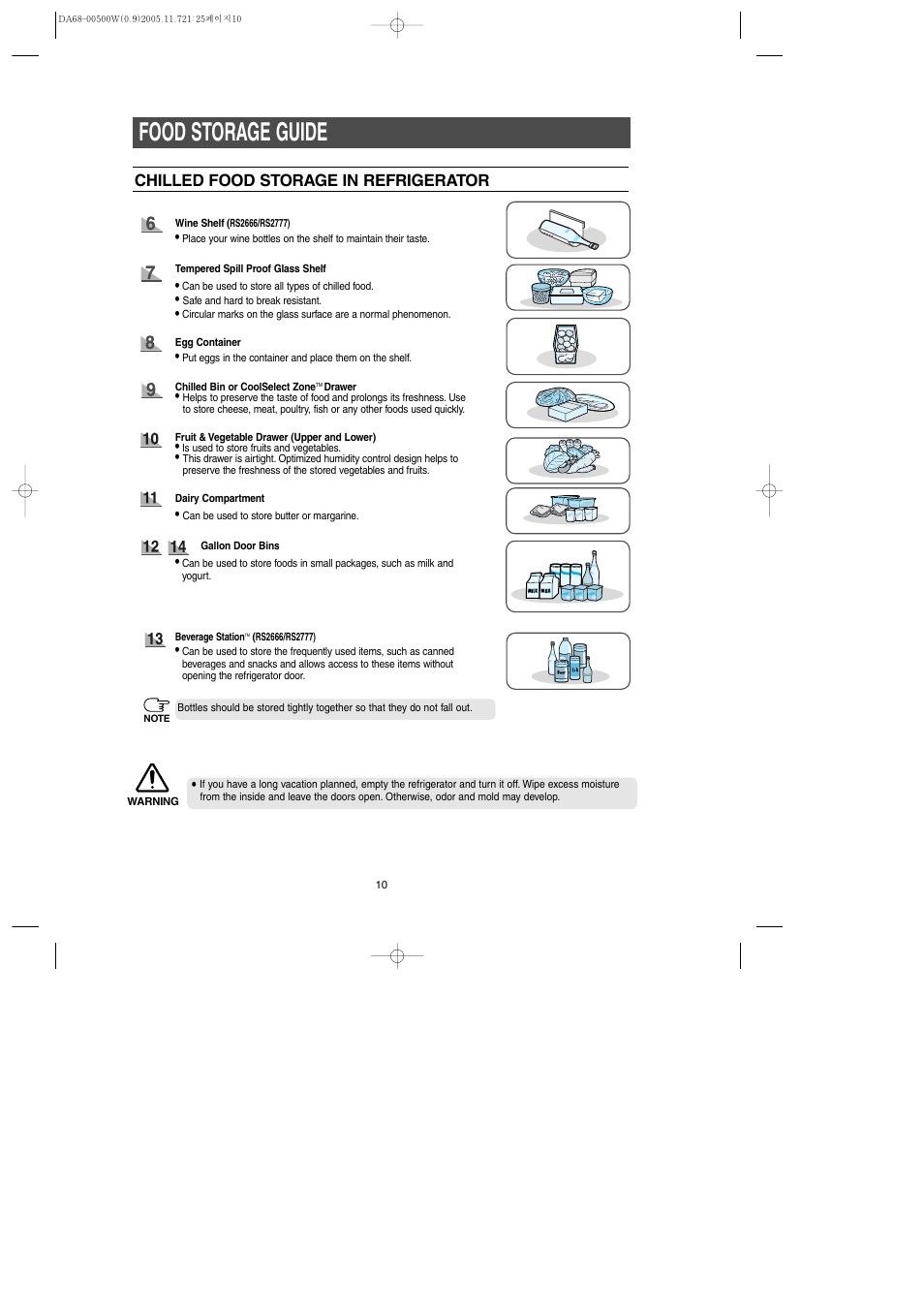 Food storage guide, Chilled food storage in refrigerator | Samsung RS2666SL-XAA User Manual | Page 10 / 32