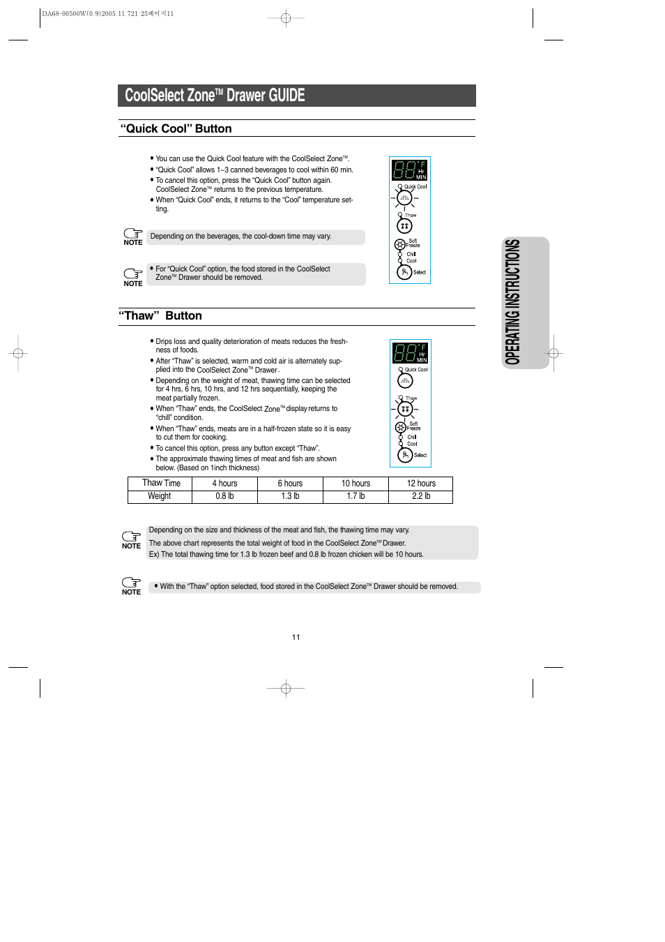 Opera ting instr uctions, Coolselect zone, Drawer guide | Samsung RS2666SL-XAA User Manual | Page 11 / 32