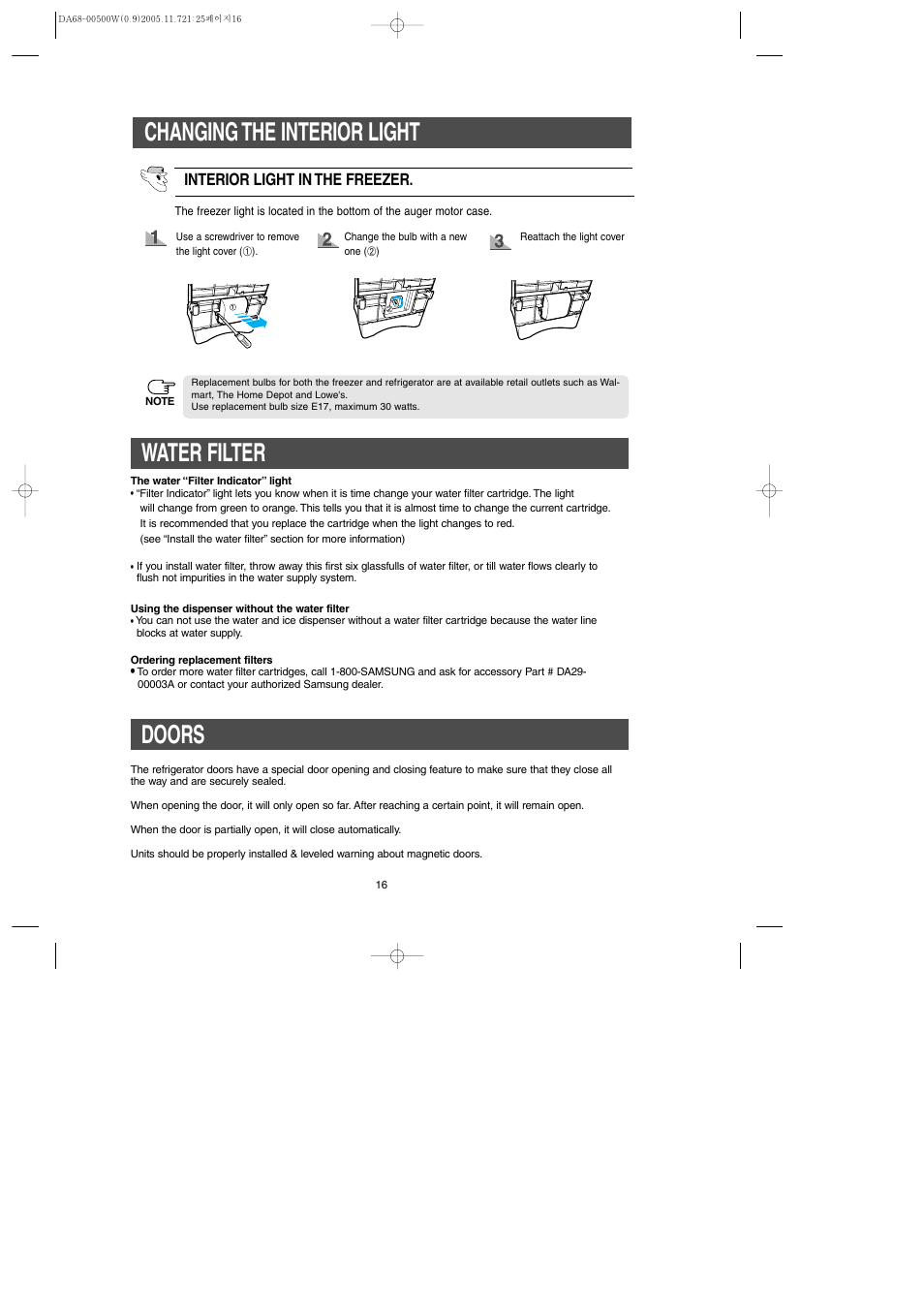Changing the interior light, Water filter, Doors | Samsung RS2666SL-XAA User Manual | Page 16 / 32