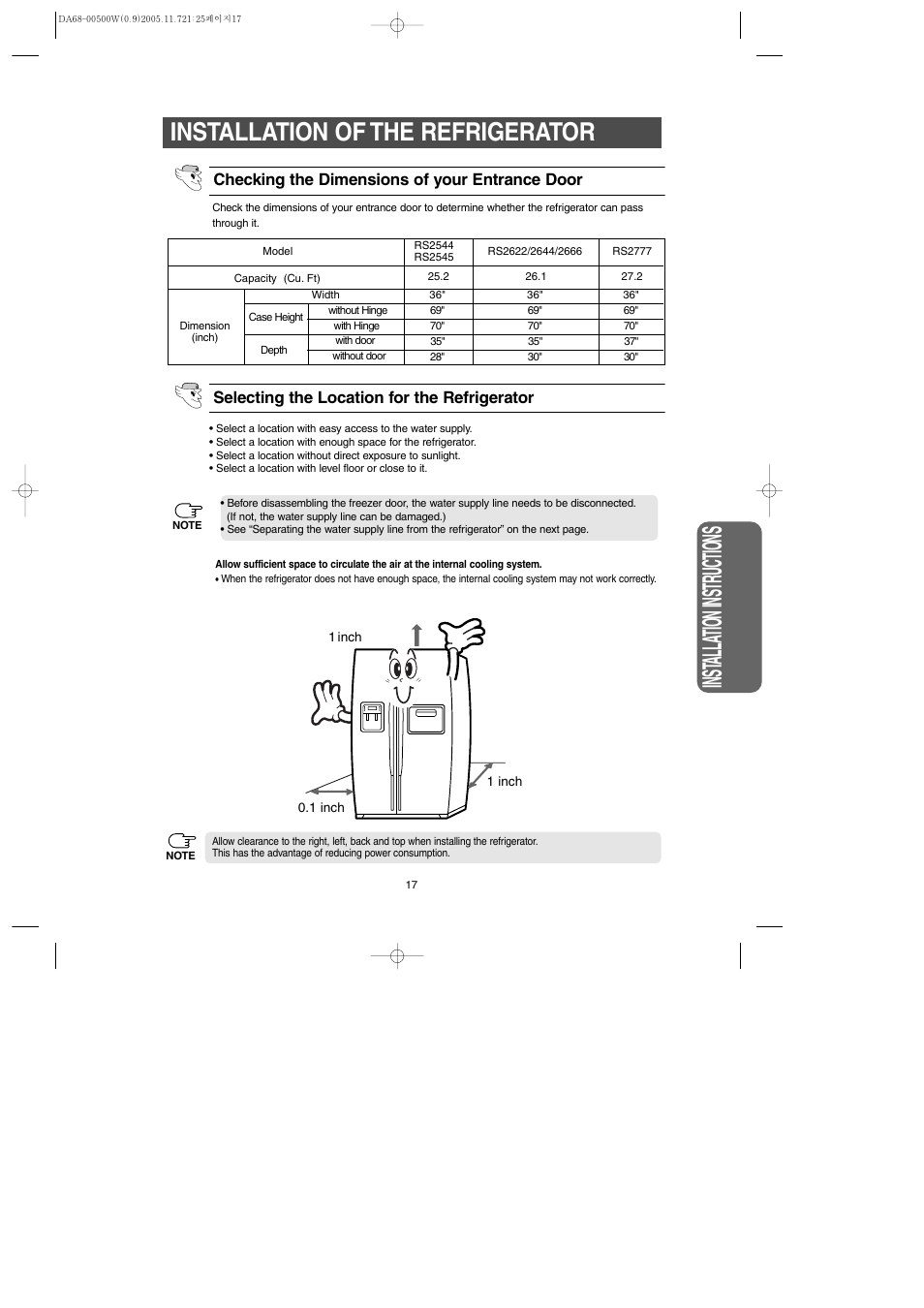 Inst alla tion instr uctions, Installation of the refrigerator | Samsung RS2666SL-XAA User Manual | Page 17 / 32