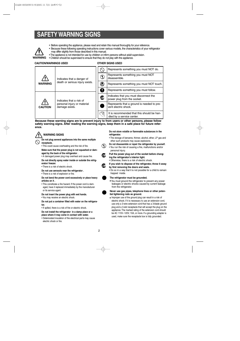 Safety warning signs | Samsung RS2666SL-XAA User Manual | Page 2 / 32