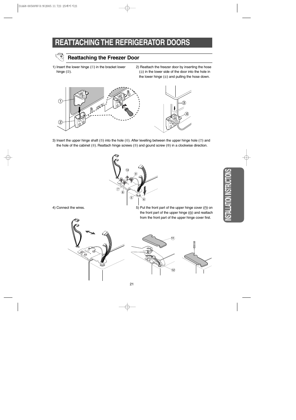Inst alla tion instr uctions, Reattaching the refrigerator doors | Samsung RS2666SL-XAA User Manual | Page 21 / 32