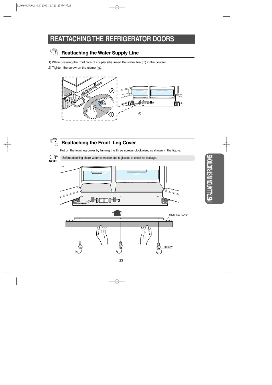 Inst alla tion instr uctions, Reattaching the refrigerator doors | Samsung RS2666SL-XAA User Manual | Page 23 / 32