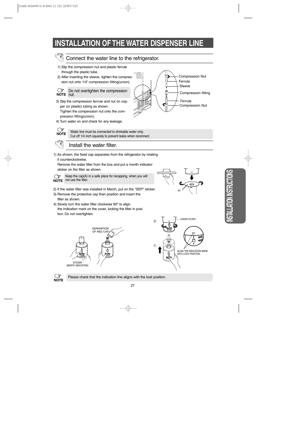 Inst alla tion instr uctions, Installation of the water dispenser line, Install the water filter | Connect the water line to the refrigerator | Samsung RS2666SL-XAA User Manual | Page 27 / 32