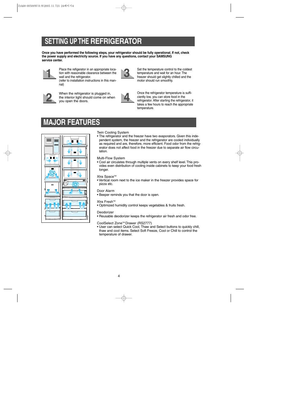 Major features, Setting up the refrigerator | Samsung RS2666SL-XAA User Manual | Page 4 / 32