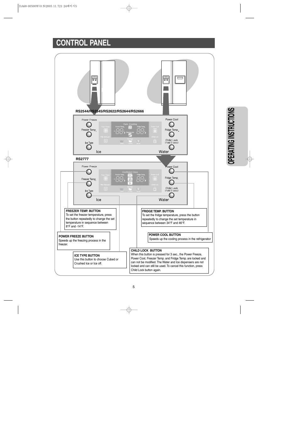 Opera ting instr uctions, Control panel | Samsung RS2666SL-XAA User Manual | Page 5 / 32