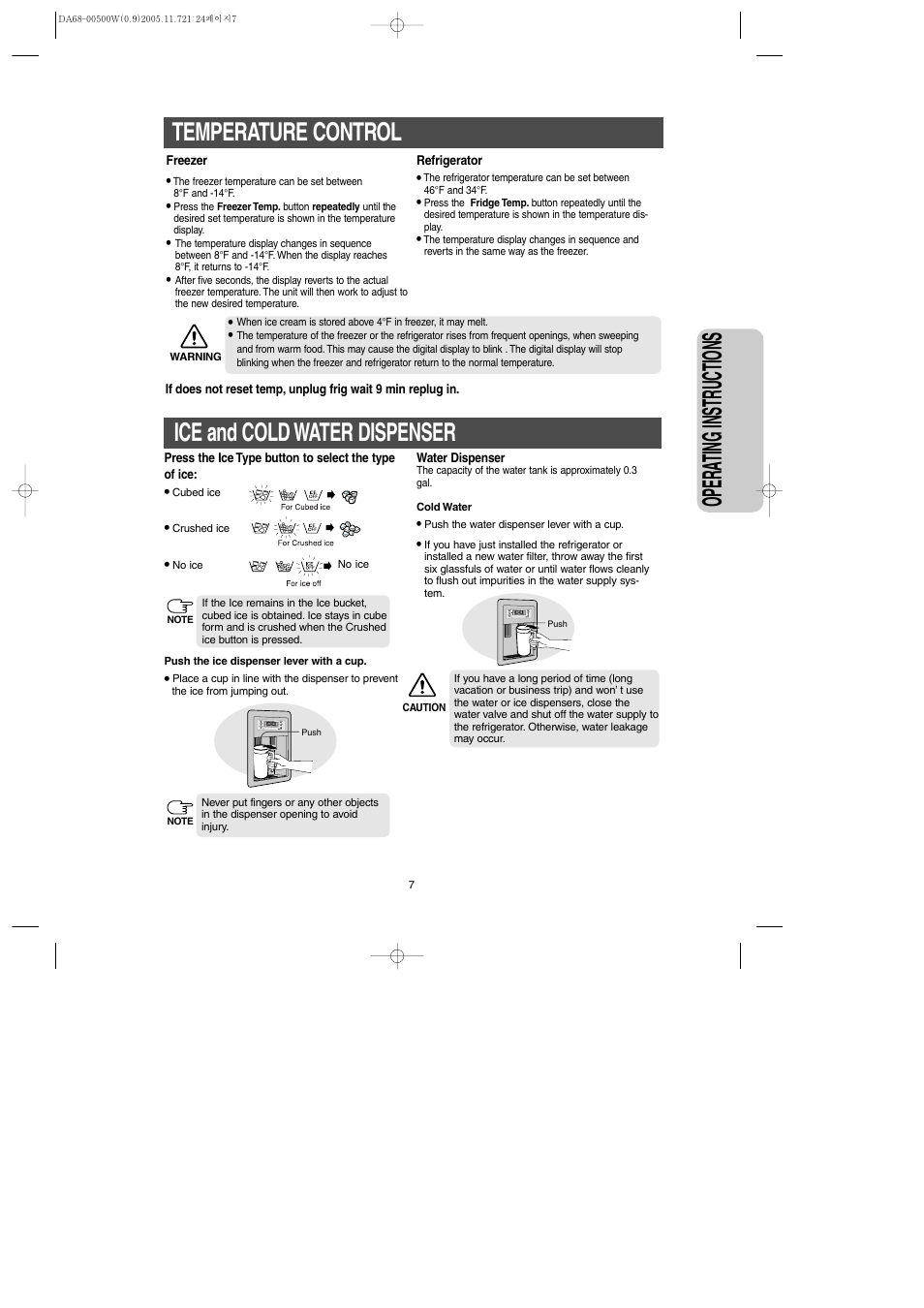 Opera ting instr uctions, Temperature control, Ice and cold water dispenser | Samsung RS2666SL-XAA User Manual | Page 7 / 32