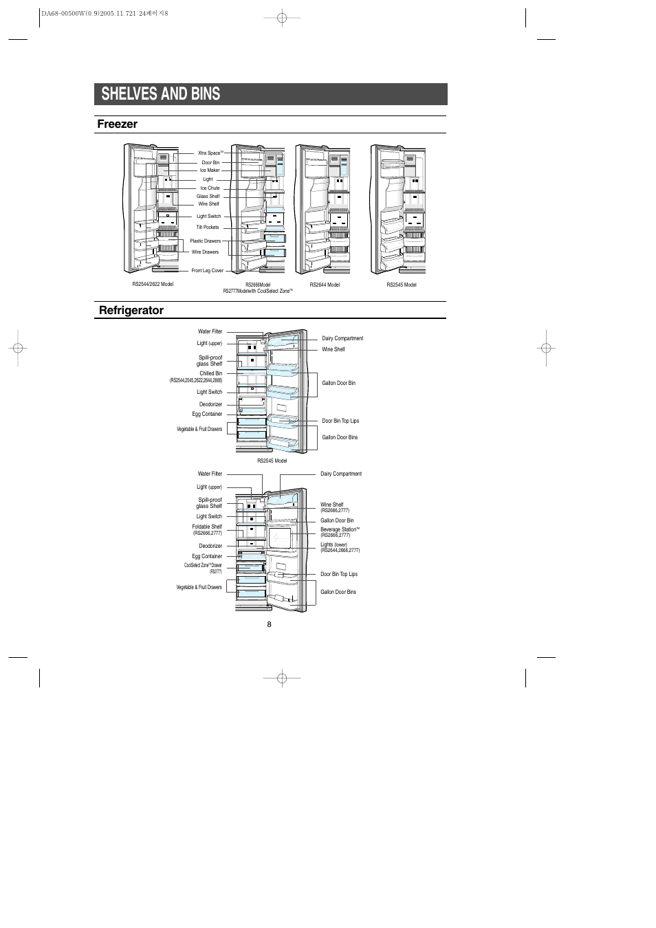 Shelves and bins, Freezer refrigerator | Samsung RS2666SL-XAA User Manual | Page 8 / 32