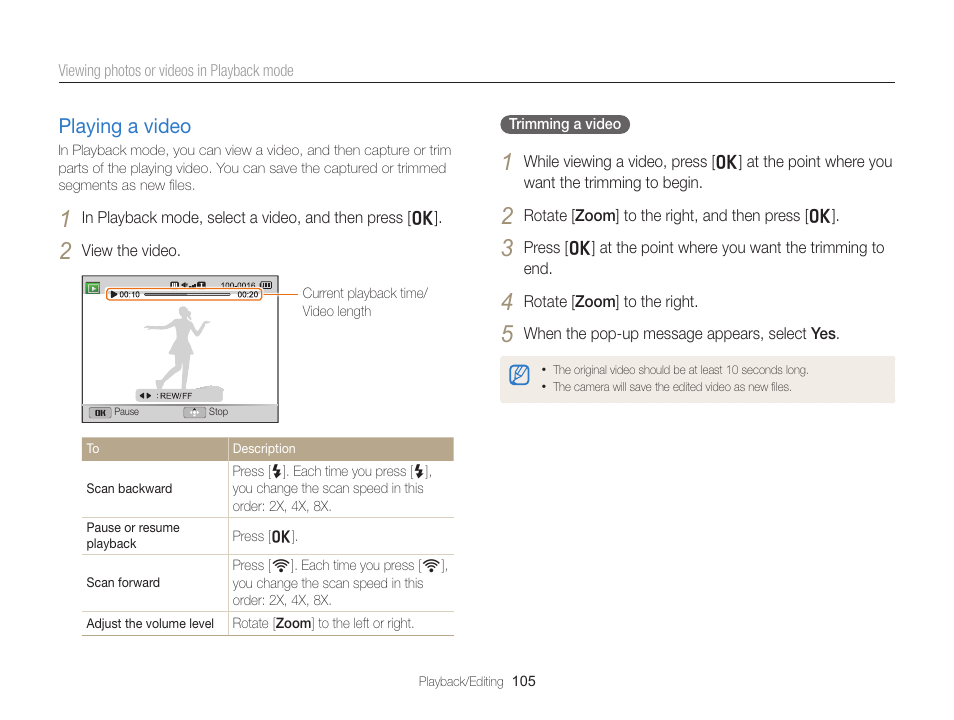 Playing a video, Playing a video ………………………… 105 | Samsung EC-EX2FZZBPBUS User Manual | Page 106 / 193