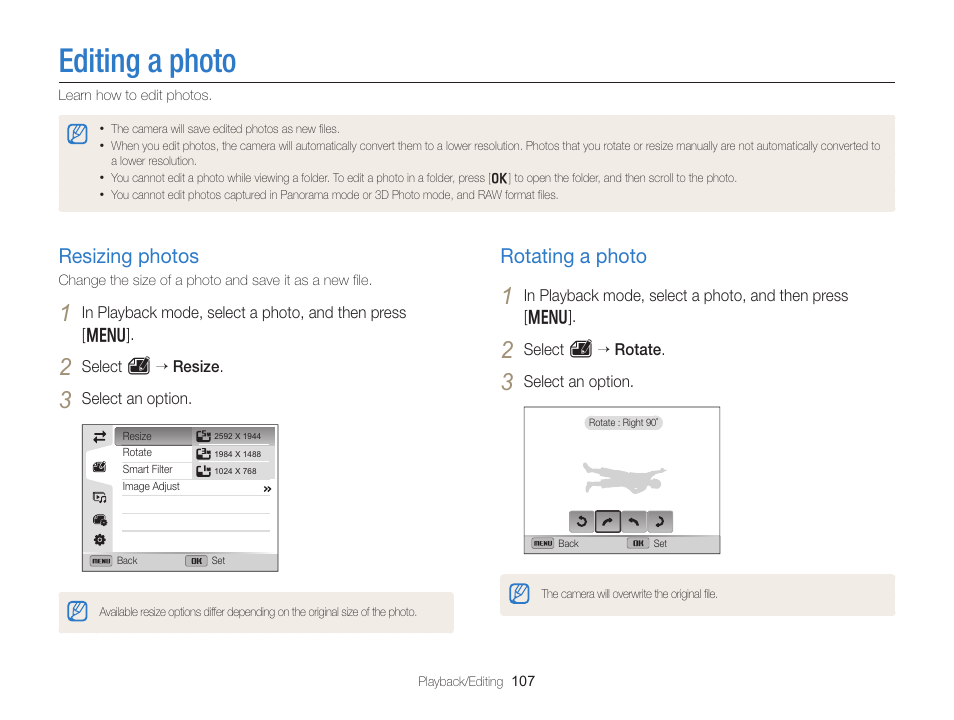 Editing a photo, Resizing photos, Rotating a photo | Resizing photos ………………………… 107, Rotating a photo ……………………… 107 | Samsung EC-EX2FZZBPBUS User Manual | Page 108 / 193