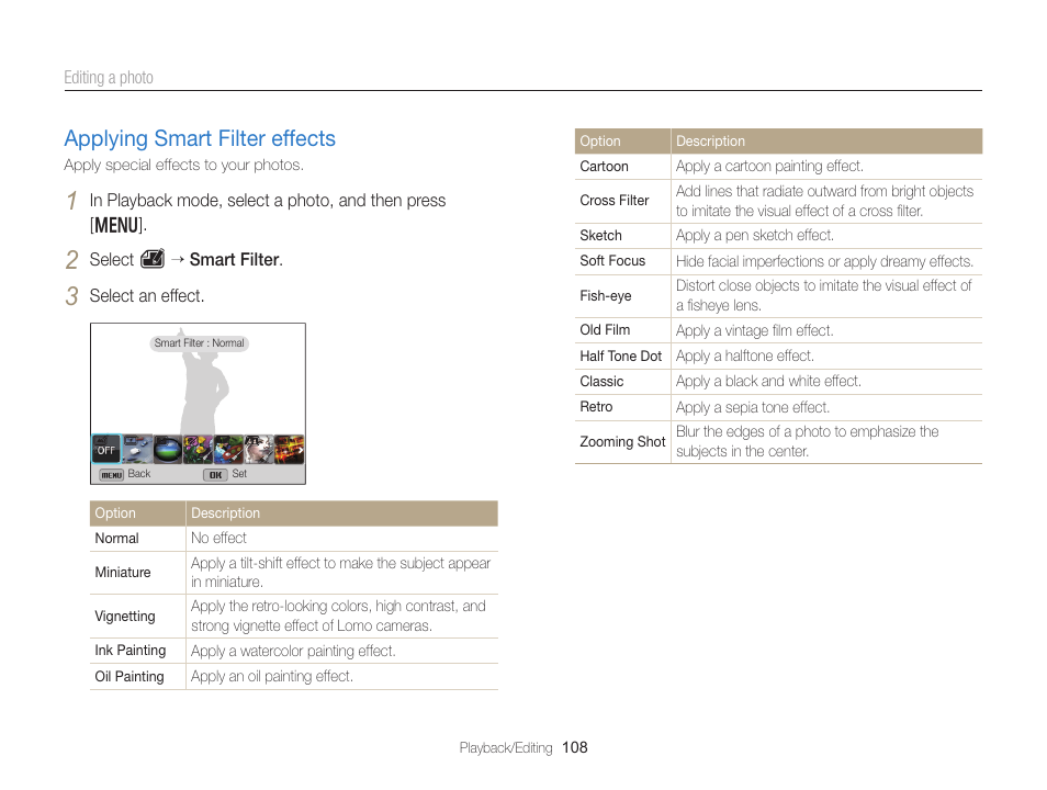 Applying smart filter effects, Applying smart filter effects …………… 108 | Samsung EC-EX2FZZBPBUS User Manual | Page 109 / 193