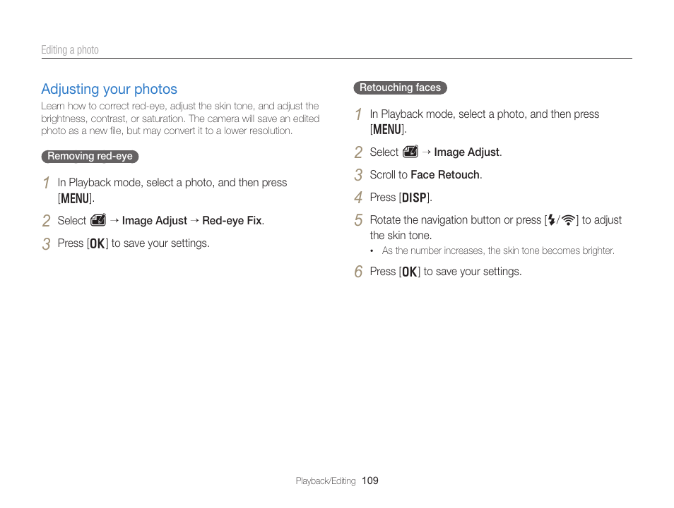 Adjusting your photos, In the edit menu. (p. 109), Adjusting your photos ………………… 109 | Samsung EC-EX2FZZBPBUS User Manual | Page 110 / 193