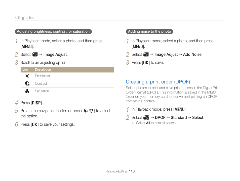 Creating a print order (dpof), Creating a print order (dpof) ………… 110 | Samsung EC-EX2FZZBPBUS User Manual | Page 111 / 193
