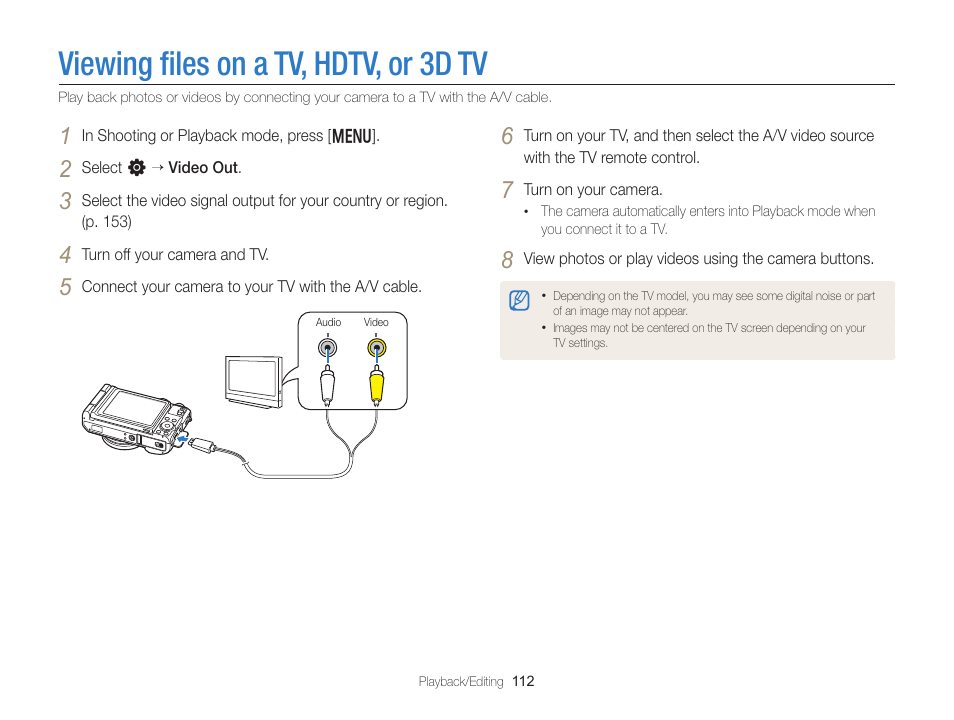 Viewing files on a tv, hdtv, or 3d tv, Viewing ﬁles on a tv, hdtv, or 3d tv | Samsung EC-EX2FZZBPBUS User Manual | Page 113 / 193