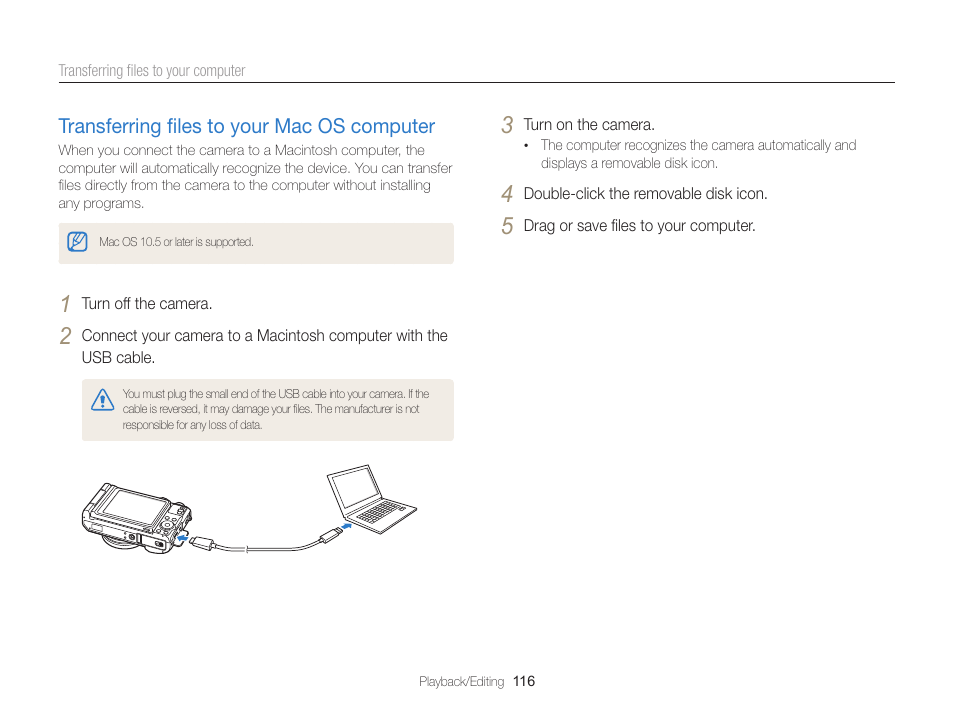 Transferring files to your mac os computer, Transferring ﬁles to your mac os computer, Transferring ﬁles to your mac os | Computer ……………………………… 116 | Samsung EC-EX2FZZBPBUS User Manual | Page 117 / 193